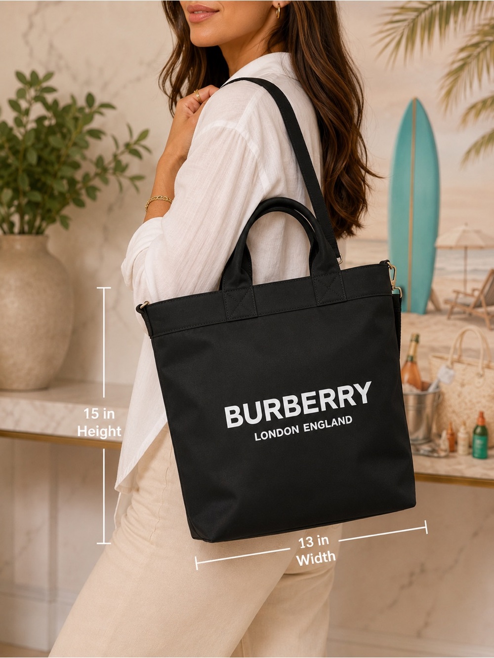 Authentic Burberry Logo Nylon Tote Shoulder Bag Black with Certificate